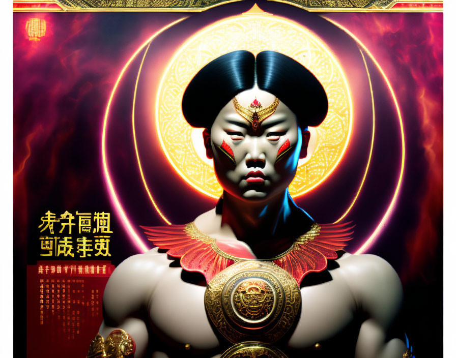 Character with Eastern makeup in golden patterns on red background