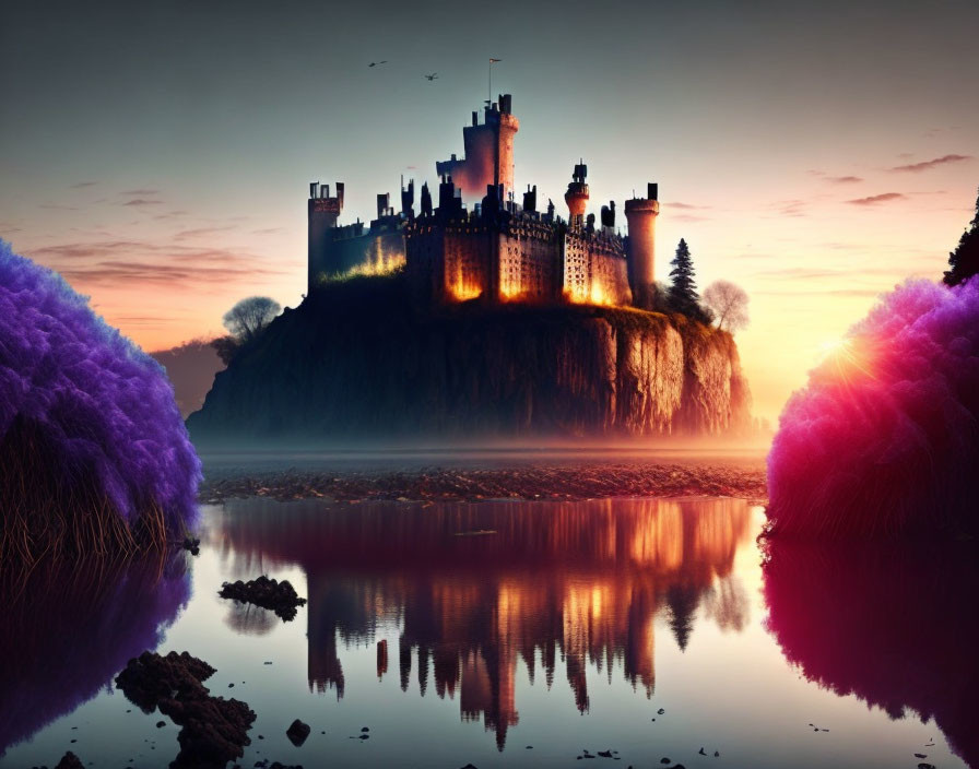 Fantastical castle on cliff with purple foliage and sunset reflection