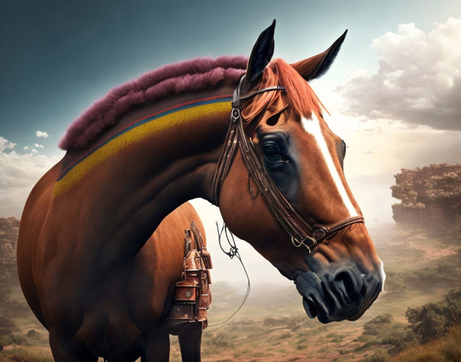 Brown horse with colorful saddle blanket and bridle in serene landscape