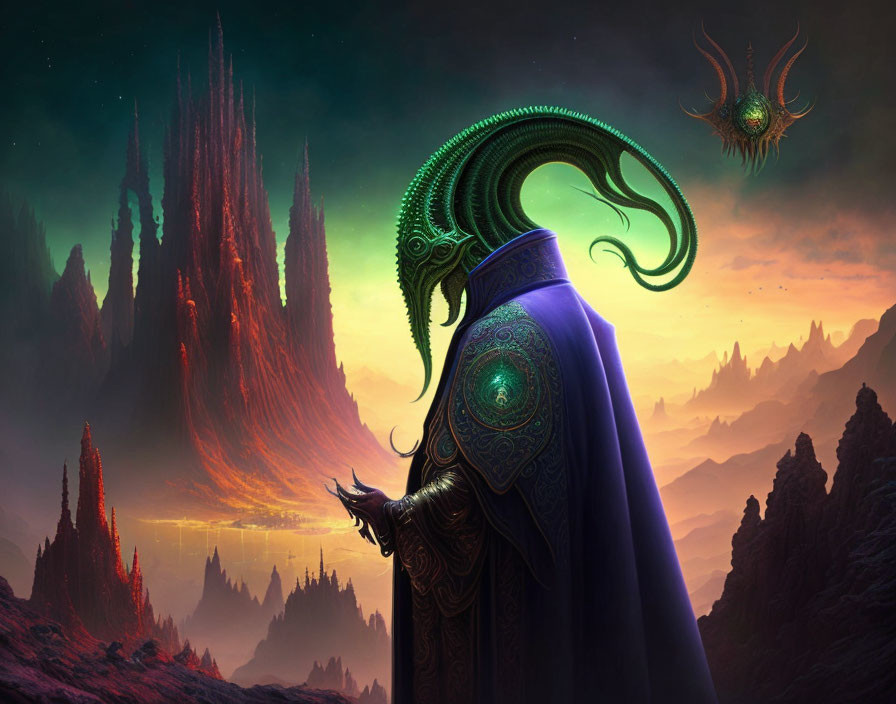 Mystical robed figure with tentacled headpiece in alien landscape