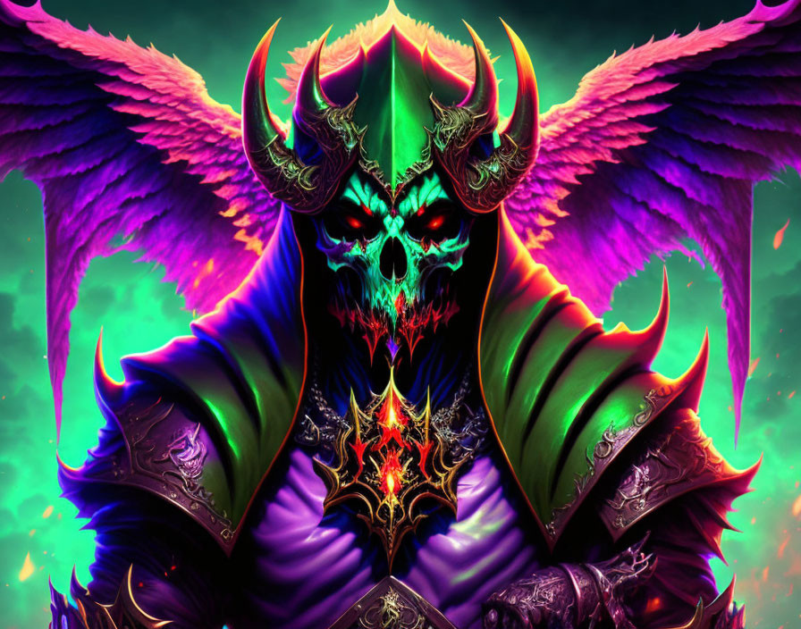 Digital artwork of skull-faced figure with glowing eyes and horned helmet against green backdrop