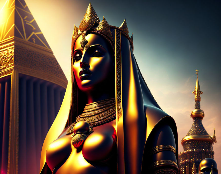 Golden Cleopatra-like Figure with Egyptian Headdress in Twilight Cityscape