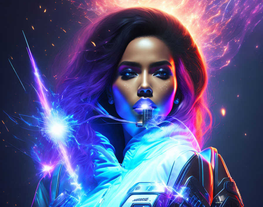 Futuristic woman with neon makeup emitting energy in cosmic setting