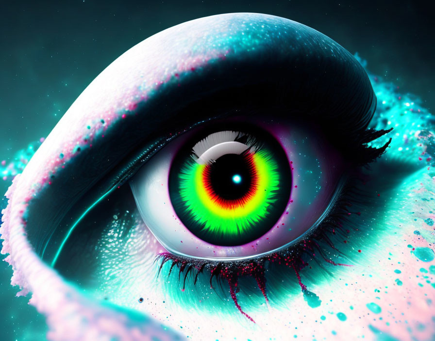 Colorful Close-Up Eye Illustration with Rainbow Iris and Neon Makeup