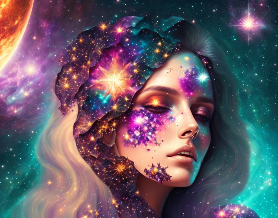 Cosmic-themed digital artwork featuring woman with celestial complexion