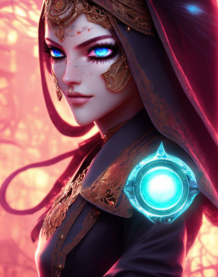 Mystical Female Character with Blue Eyes and Golden Face Tattoos Holding Glowing Blue Orb