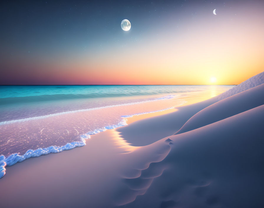 Tranquil beach twilight with gradient sky, crescent and full moon, sun on horizon, and
