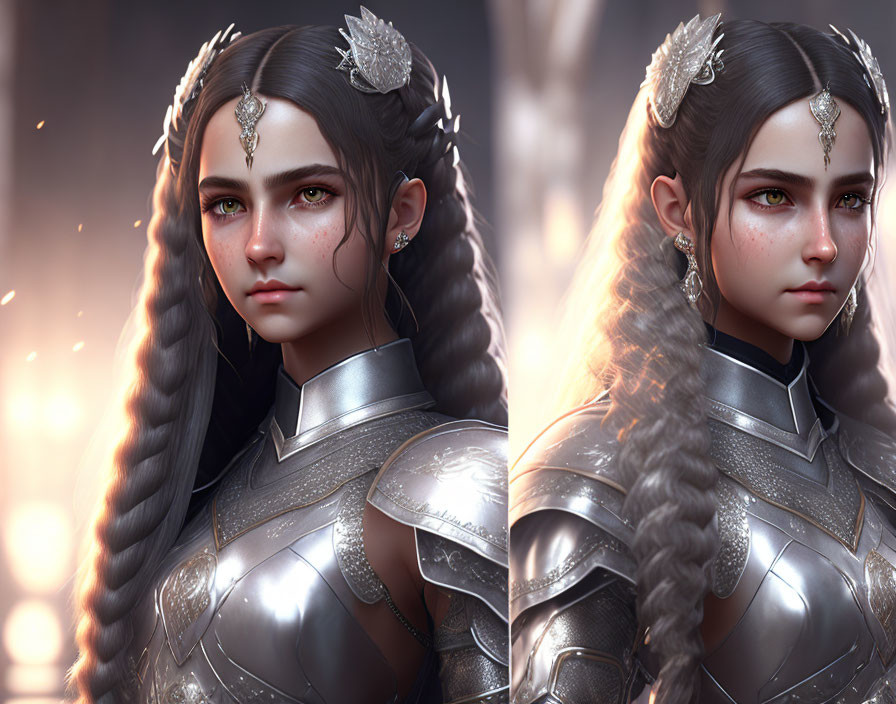 Digital artwork: Young woman in silver armor with braided hair