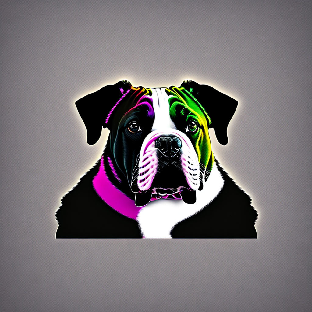 Vibrant digital bulldog illustration with neon outline on grey background