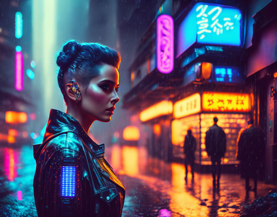 Futuristic cyberpunk woman in neon-lit rainy street