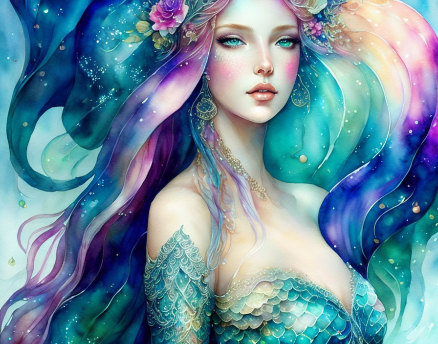 Ethereal female figure with multi-colored hair and mermaid-like appearance on star-speckled background