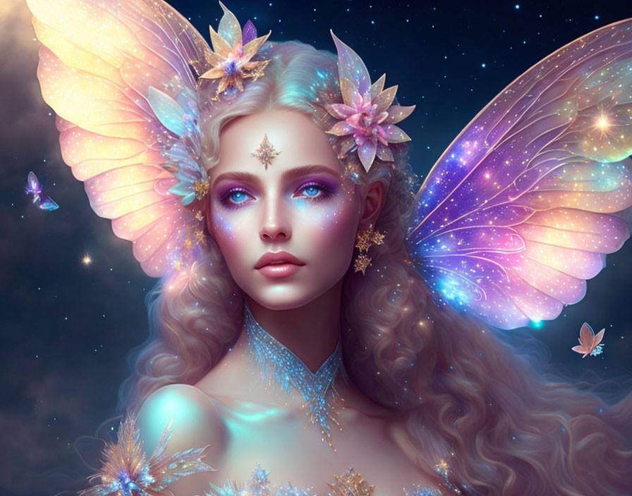 Fantastical female figure with butterfly wings and ethereal makeup.