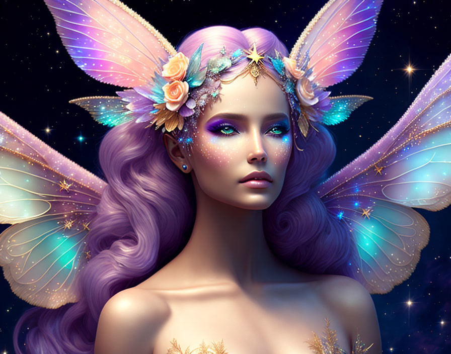 Mystical fairy with violet hair and iridescent wings in starry night scene