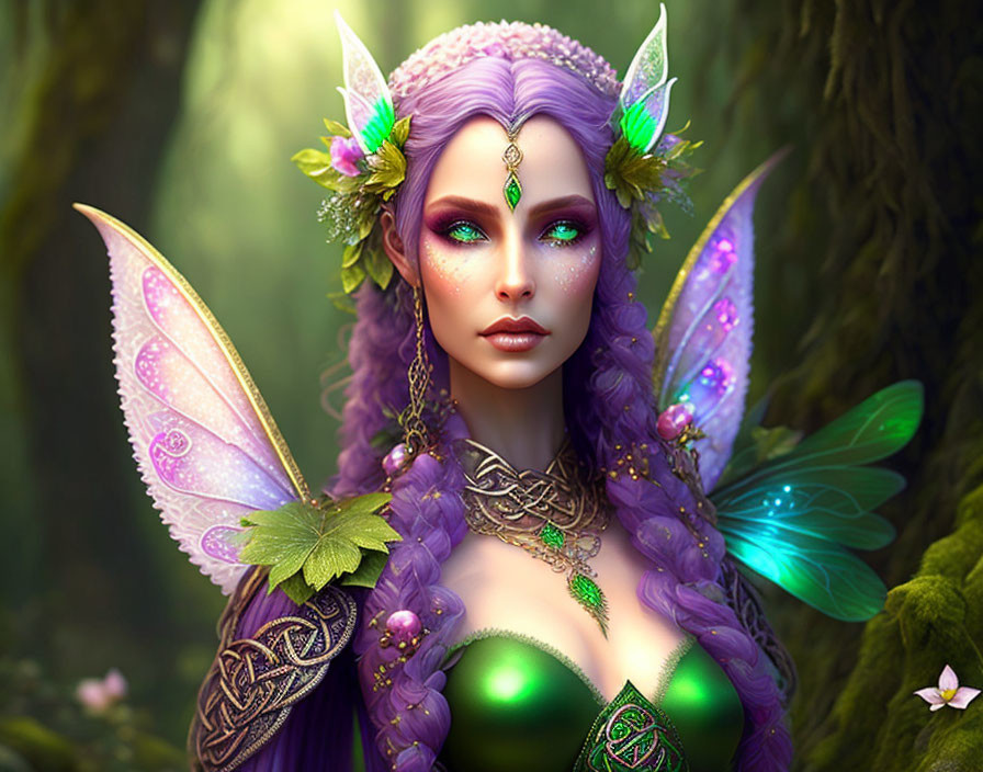 Fantasy illustration: Fairy with purple hair, green eyes, translucent wings, floral ornaments, enchanted forest