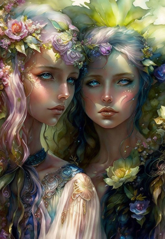 Ethereal women with floral crowns on mystical background