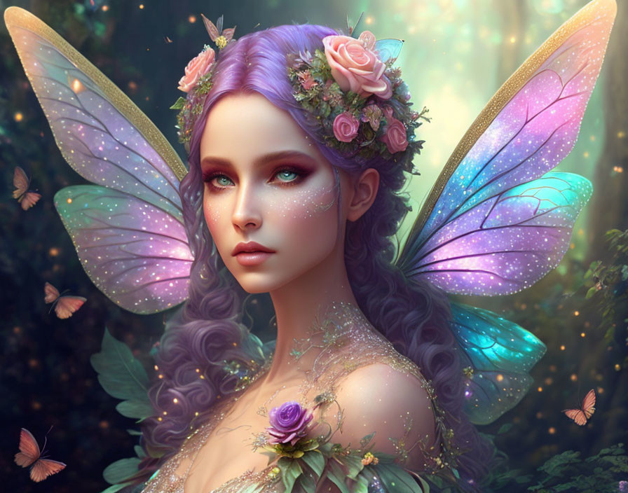 Mythical fairy with purple hair and iridescent wings in magical forest