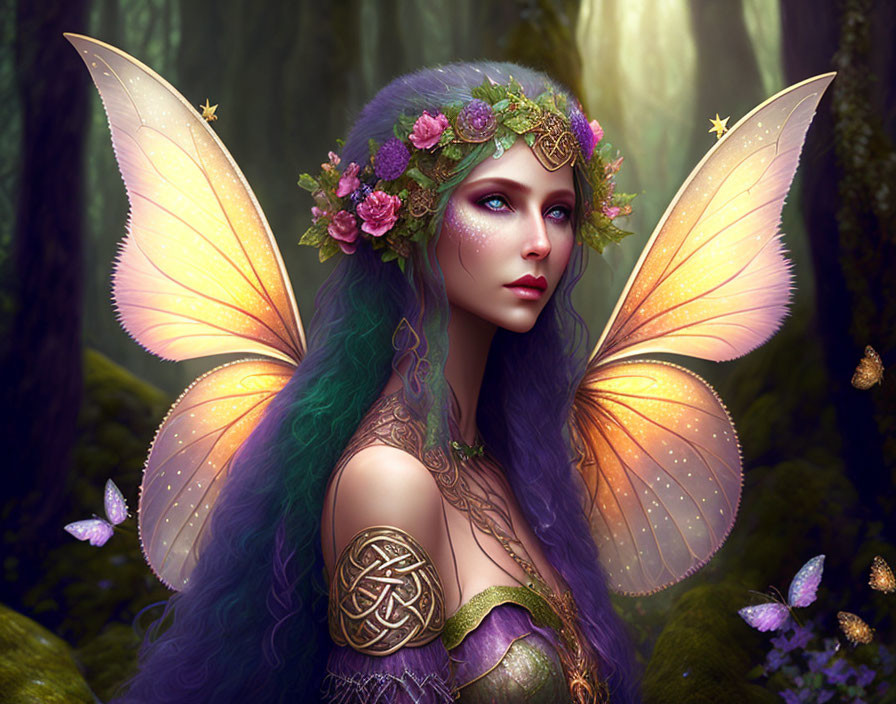 Purple-haired fairy in flower crown with Celtic armor and golden wings in mystical forest.