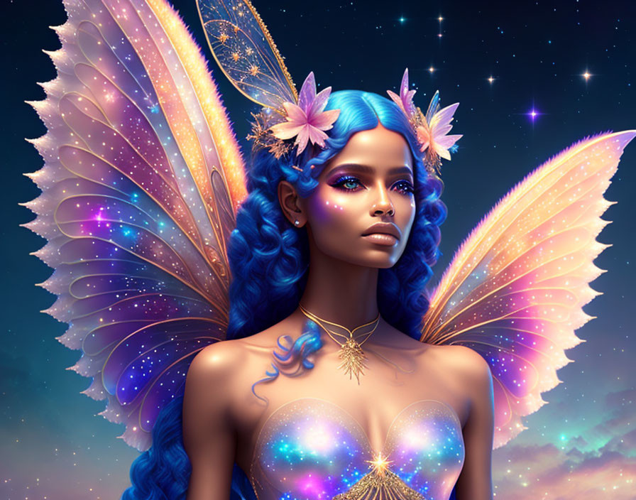 Mythical female figure with blue skin and wings in starry sky