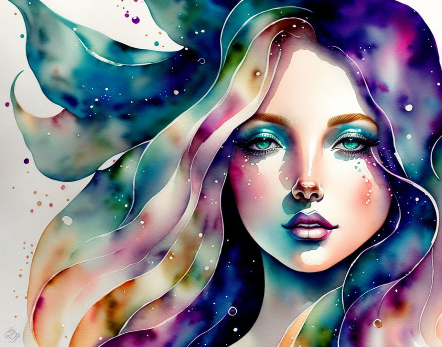 Colorful watercolor painting of a woman with cosmic hair and moonlit backdrop