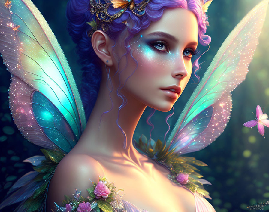 Fantasy fairy digital artwork with iridescent wings and blue skin