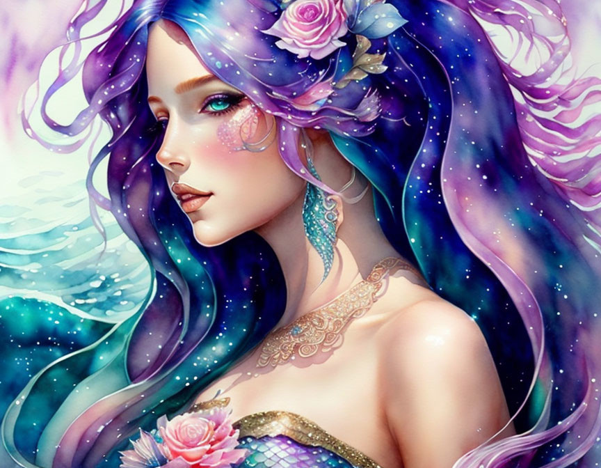 Vibrant fantasy illustration of woman with purple hair and ocean-themed accessories