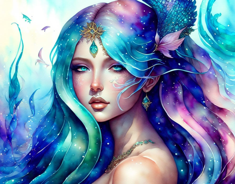 Fantastical female figure with blue and purple hair in cosmic background