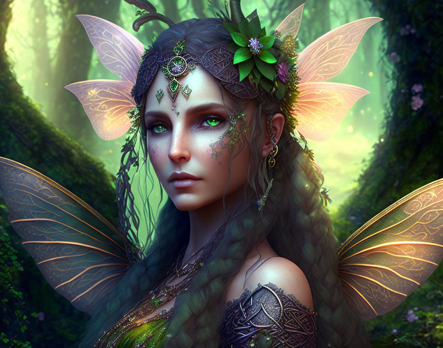 Ethereal forest scene with fairy wearing ornate jewelry