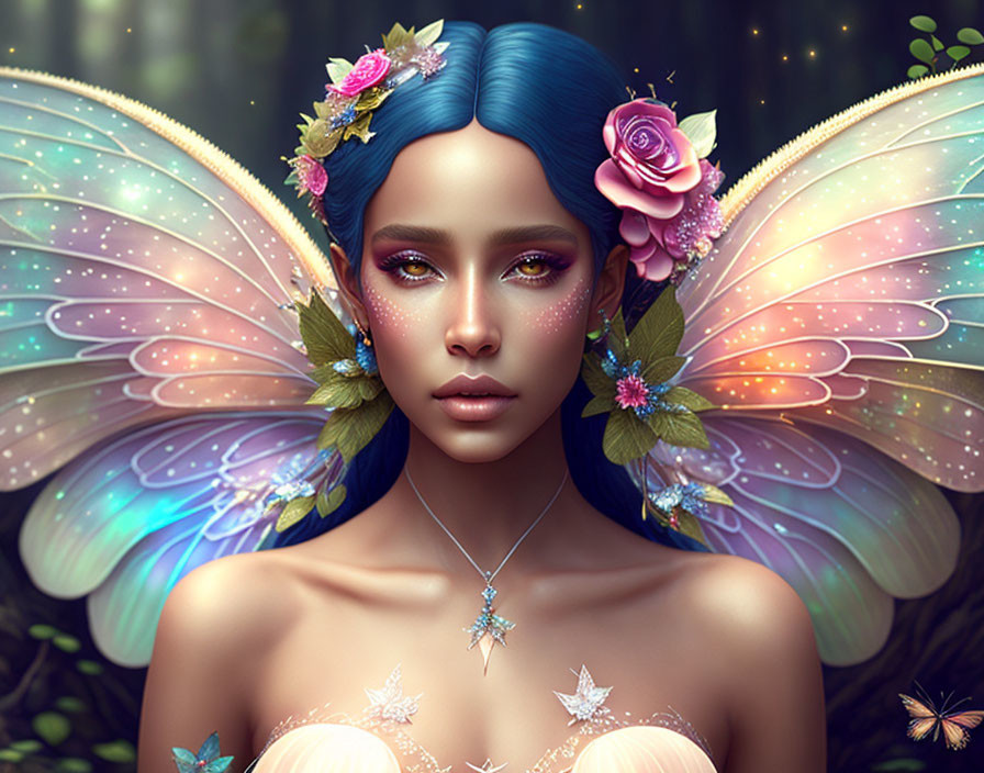 Mystical fairy with blue hair and butterfly wings in magical forest