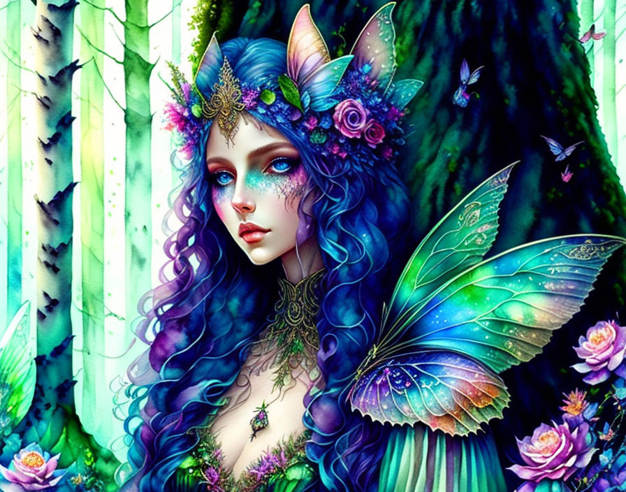 Fantastical female figure with blue hair and butterfly wings in enchanted forest