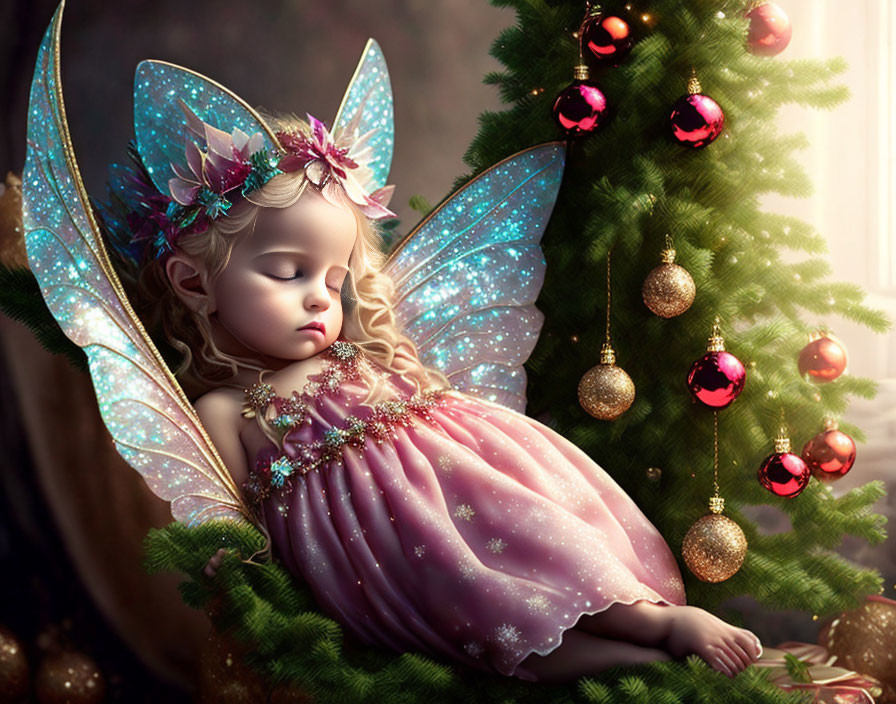 Child with fairy wings sleeping near Christmas tree with red ornaments