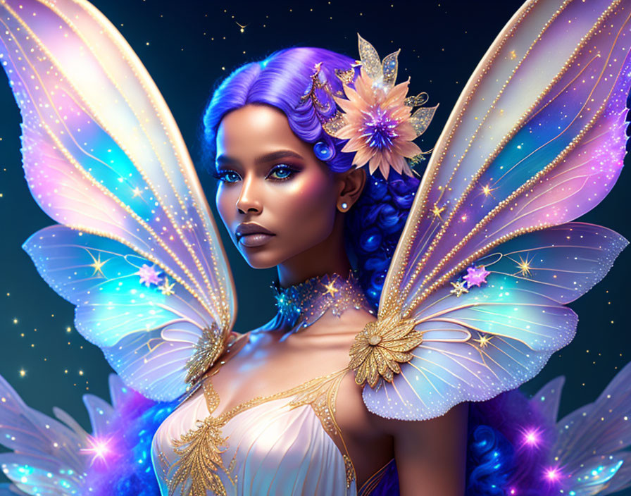 Ethereal woman with butterfly wings and floral motifs in starry setting