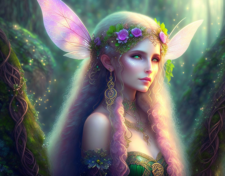 Fantasy illustration: fairy with translucent wings in mystical forest