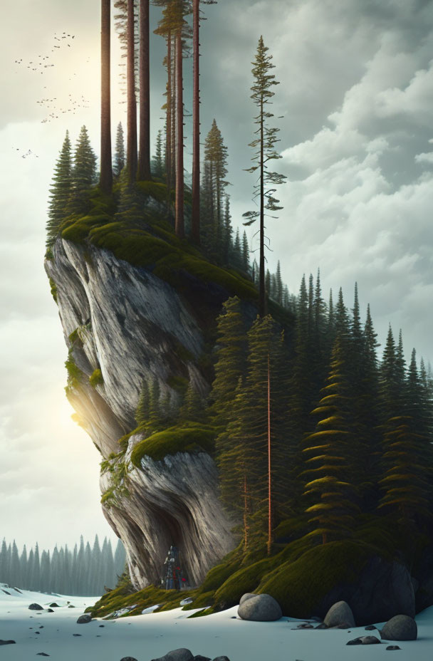 Lush greenery surrounds towering rock formation in mystical landscape