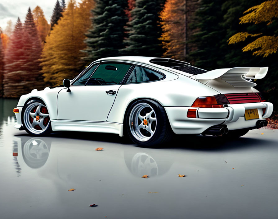 White Porsche 911 with rear spoiler parked near autumn foliage