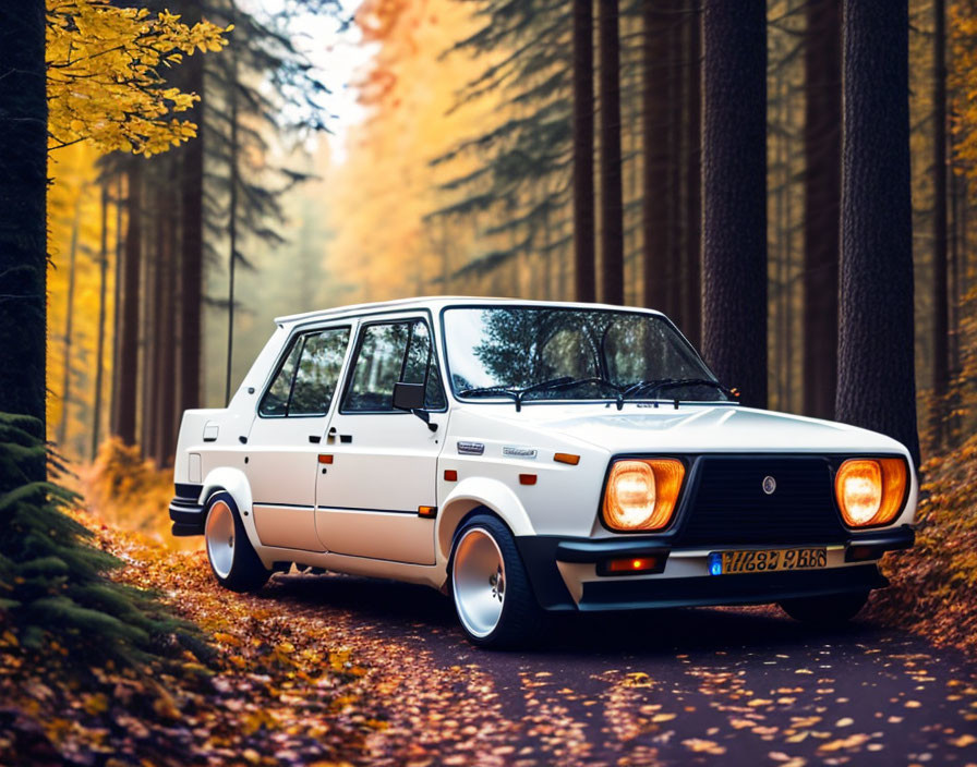 Vintage White Car with Black Grille in Autumn Forest Setting