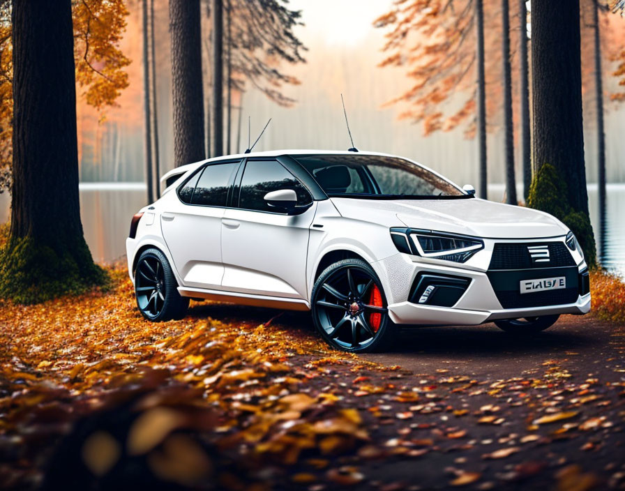 White modern car parked on asphalt road amidst autumnal trees with orange leaves