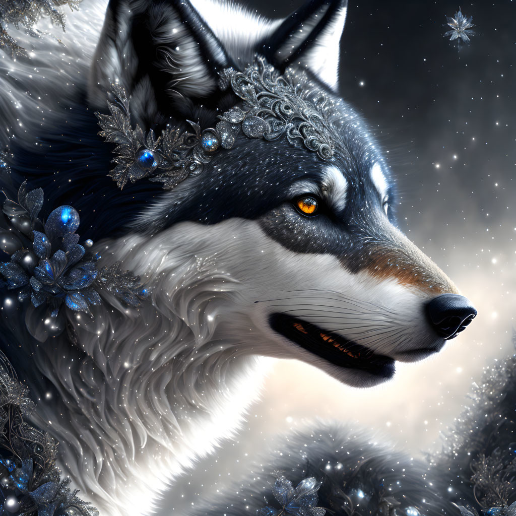 Majestic wolf digital art with silver and blue headpiece on starry night sky