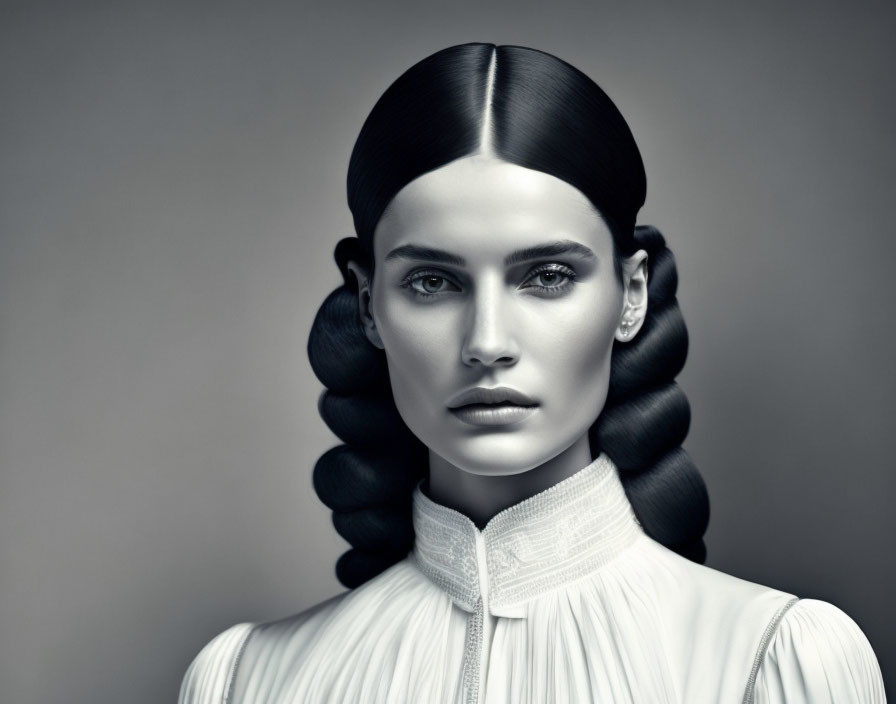 Monochrome portrait of a woman with slicked-back hair and braided loops, sharp facial features,