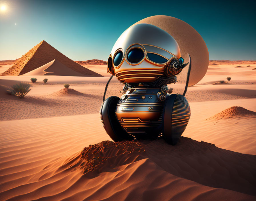 Futuristic robot with spherical head and goggles in desert with pyramids.