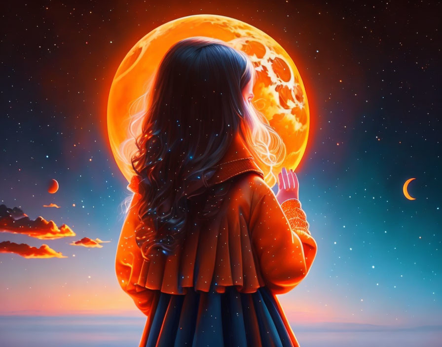 Young girl in red cloak under orange moon and twilight sky.