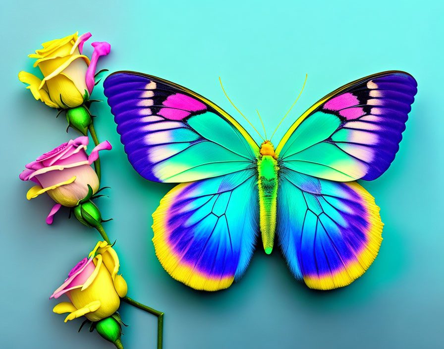 Colorful Butterfly and Roses on Turquoise Background