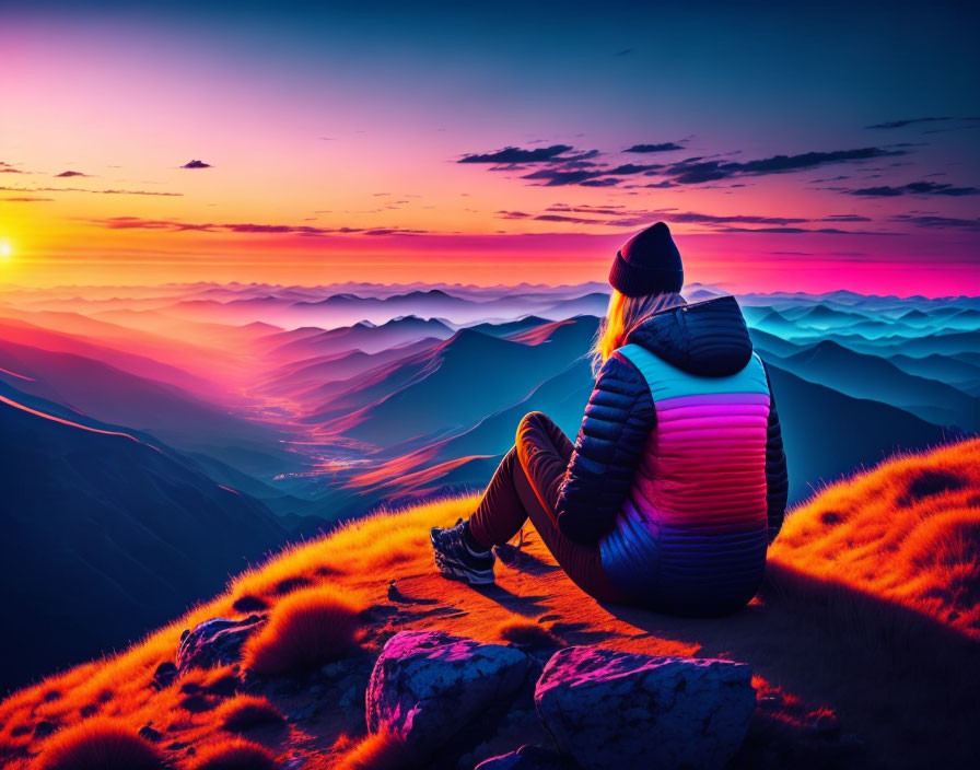 Person in Winter Jacket Watching Vibrant Sunset over Mountain Ridges