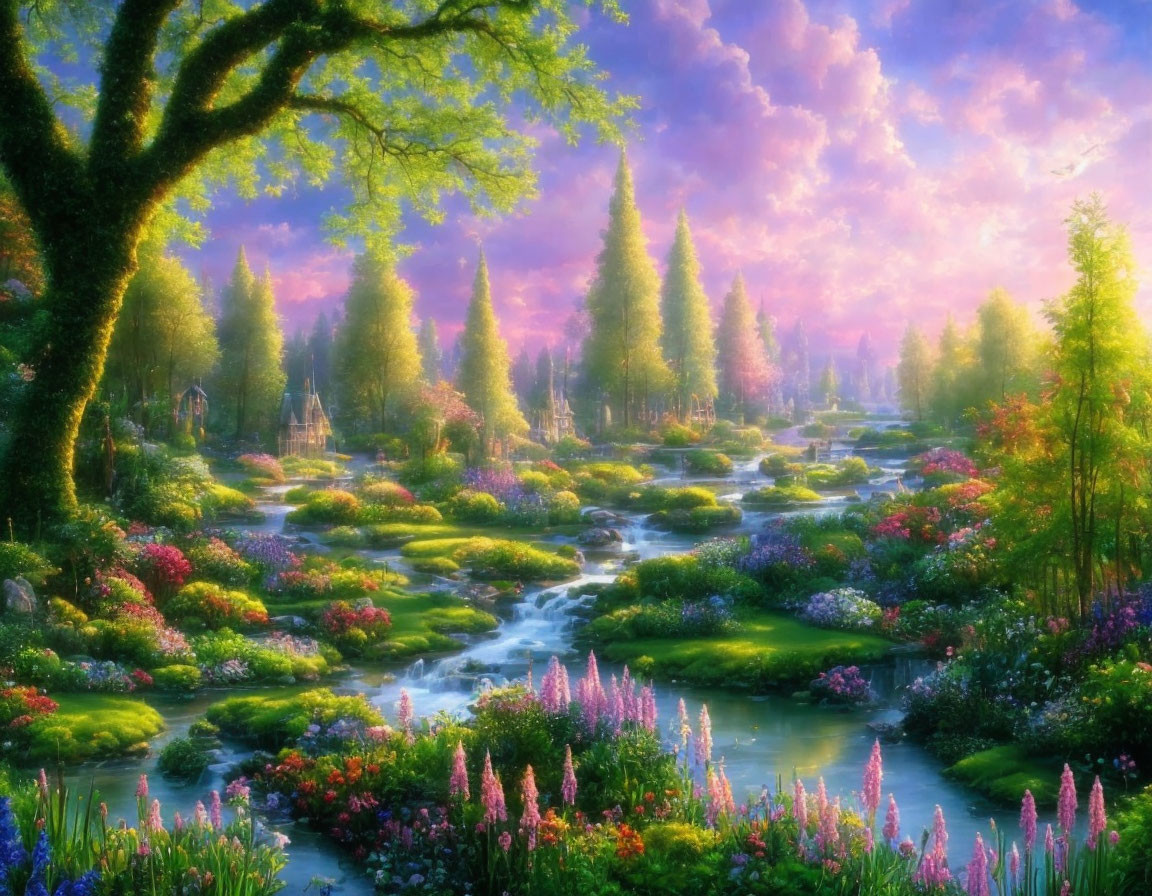 Colorful Garden Landscape with Stream and Blooming Flowers