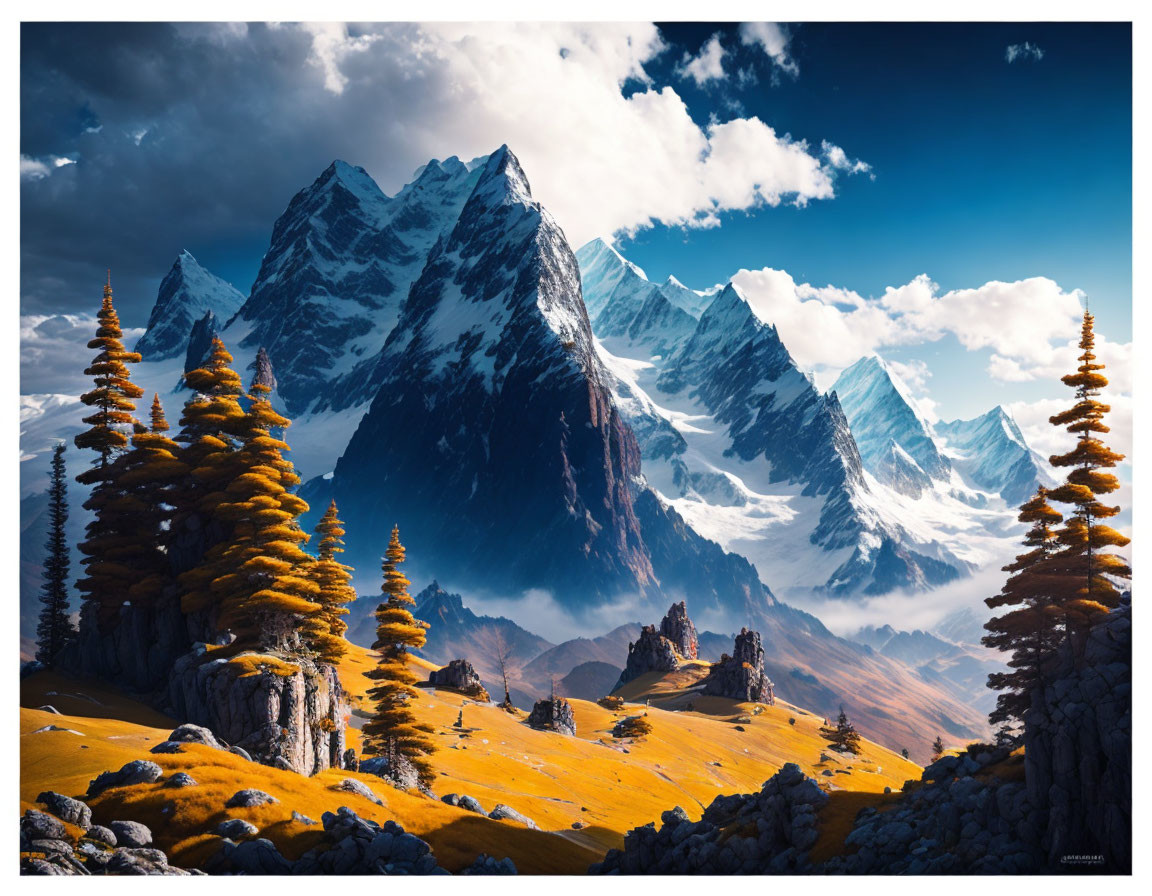 Snow-capped mountains and autumn trees under blue sky