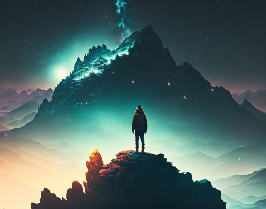 Solitary Figure on Cliff with Majestic Starry Mountains Under Cosmic Sky