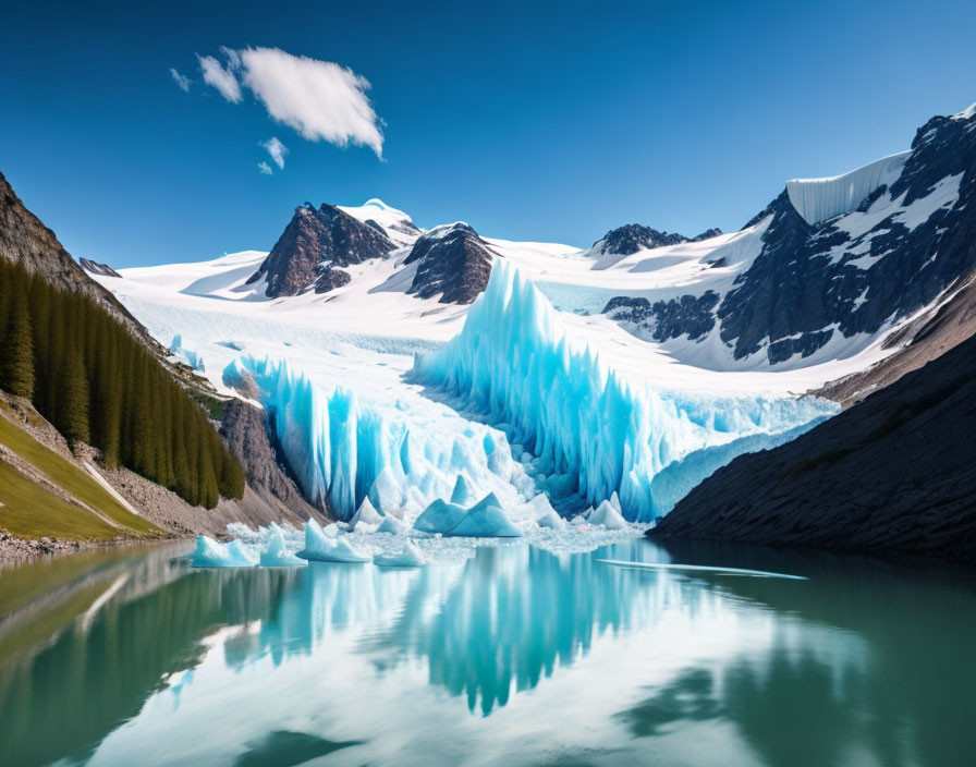 Blue Peaks Glacier Reflecting in Mountain Lake Under Bright Sky