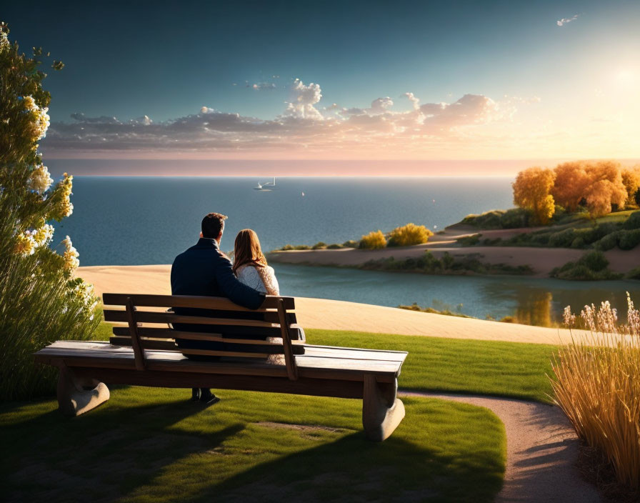 Couple sitting on bench by serene beach at sunset