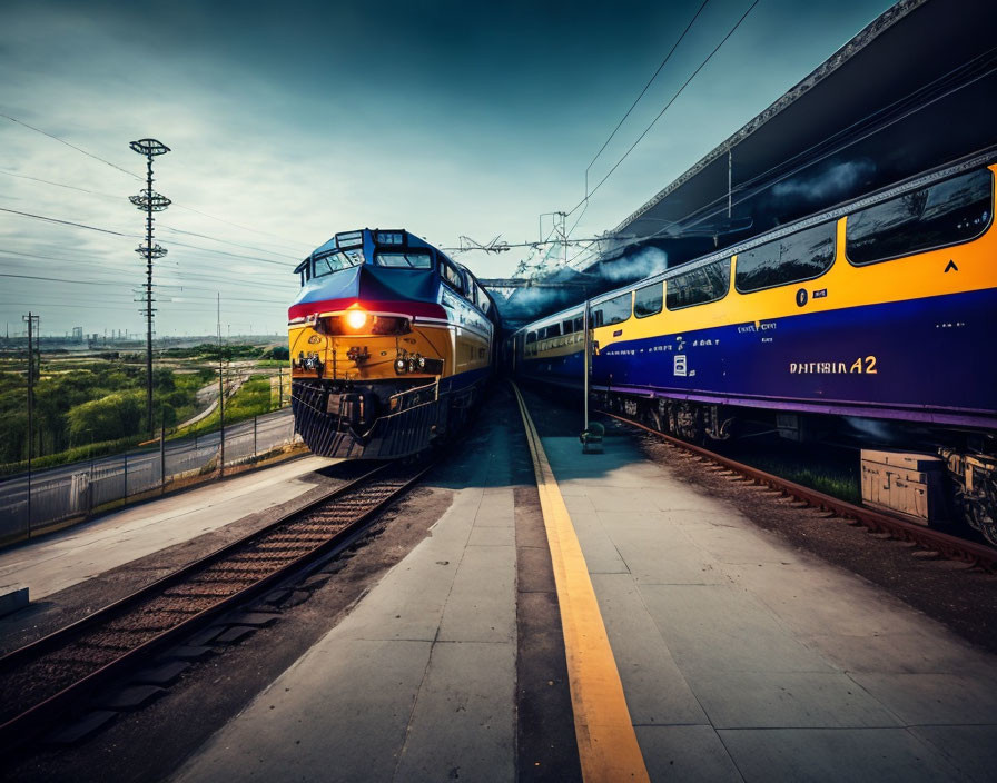 Vibrant yellow and blue locomotive arriving at station under ominous clouds