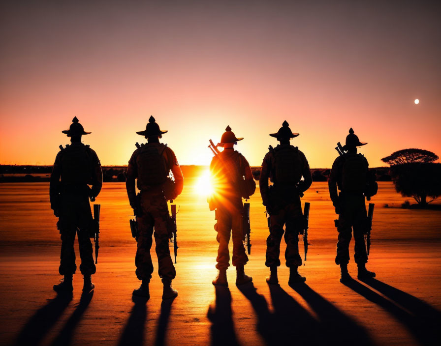 Five People in Cowboy Hats Silhouetted Against Vibrant Sunset