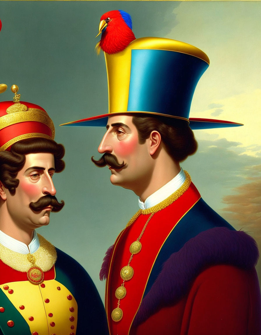 Colorful illustration of two men in ornate uniforms with tall blue hat.